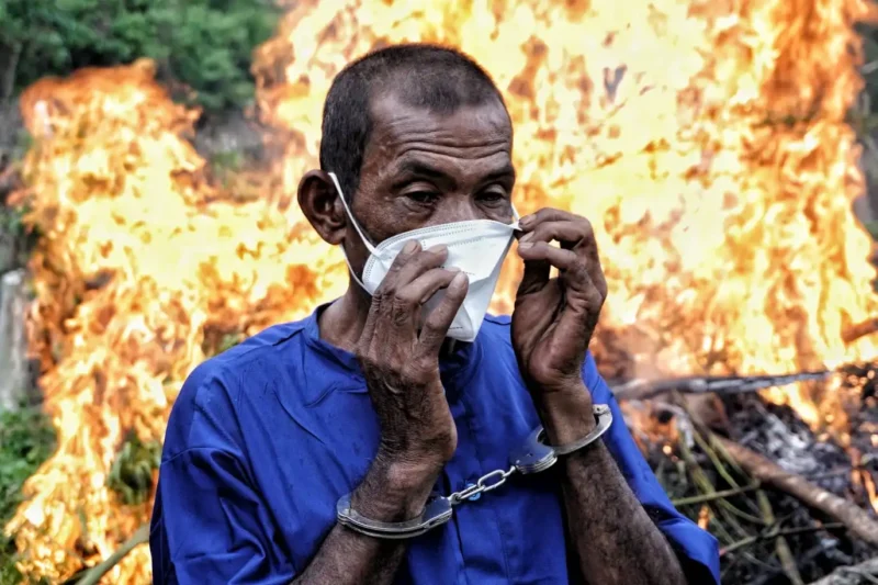 Tersangka pemilik ladang ganja berdiri membetulkan masker di depan kobaran api dari ganja yang dibakar di Gampong Pulo, Seulimeum, Aceh Besar, Senin (22/5/2023).