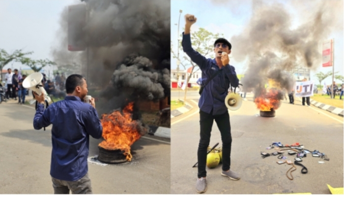 Aksi demonstrasi wartawan Banten menolak RUU Penyiaran di KP3B, Kota Serang. (Foto:TLii/Heru)