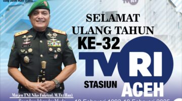 Mayor Jenderal TNI Niko Fahrizal, M.Tr. (Han) mengucapkan selamat Hari Ulang Tahun (HUT) ke-32 kepada TVRI Aceh yang jatuh pada 18 Februari 2025. dalam menyebarluaskan informasi dan edukasi bagi masyarakat Aceh. Selasa (18/2/25)