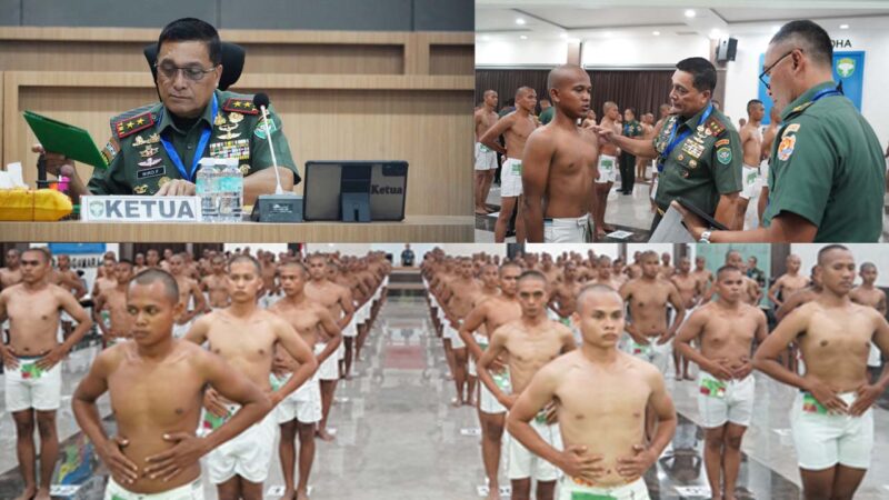 Mayor Jenderal TNI Niko Fahrizal, M.Tr.(Han)., memimpin Sidang Pantukhir dalam rangka Pemilihan Calon Tamtama Prajurit Karier (Tamtama PK) Tentara Nasional Indonesia Angkatan Darat (TNI AD) Gelombang I Tahun Anggaran 2025 di Gedung Malahayati Lt. 2, Makodam IM, pada Senin (24/02/25).