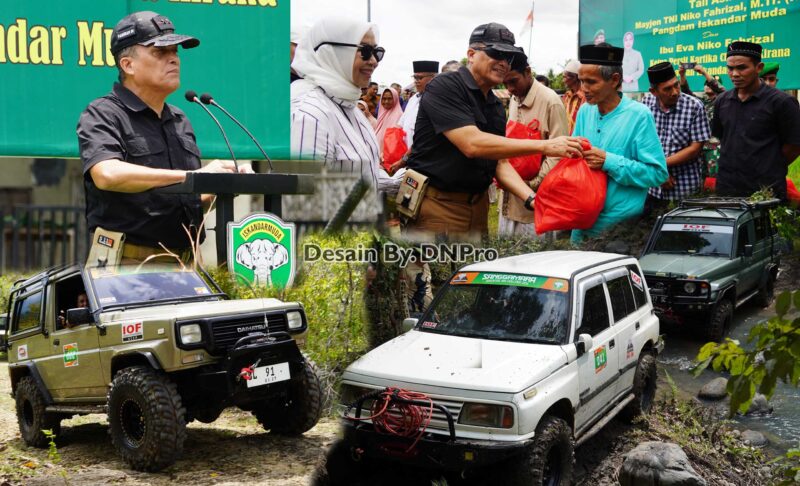 Mayor Jenderal TNI Niko Fahrizal, M.Tr. (Han), bersama Ketua Persit Kartika Chandra Kirana Daerah Iskandar Muda, Ny. Eva Niko Fahrizal, turut serta dalam kegiatan Ramadhan Offroad  di Gampoeng Mon Ara, Kecamatan Montasik, Kabupaten Aceh Besar, pada Sabtu (15/3/2025).
