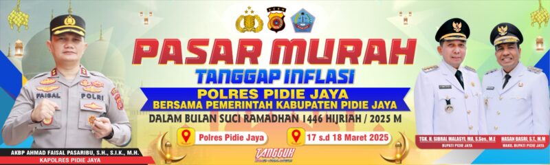 Polres Pidie Jaya bersama Pemerintah Kabupaten (Pemkab) Pidie Jaya akan menggelar Pasar Murah pada 17-18 Maret 2025. Acara ini akan berlangsung di halaman Polres Pidie Jaya mulai pukul 09.00 WIB hingga selesai.